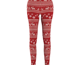 Leggings, Christmas Reindeer and Snowflakes Print, Holiday Women's Pants, Winter Fashion, Festive Xmas Apparel, Comfy Lounge Wear