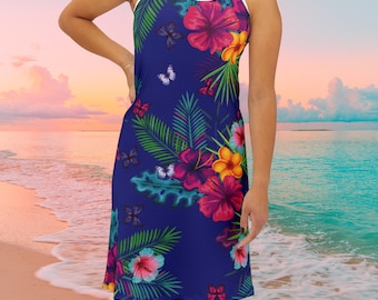 Hawaiian Dress, Tropical Flower Racerback Dress, Vacation Blue Floral Print Sundress, Women's Resort Wear, Casual Summer Day Dress