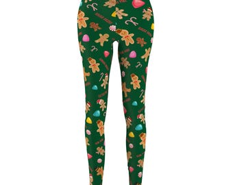 Christmas Leggings, Gingerbread Man Festive Holiday Print, Candy Canes and Gum Drop print, Women's Casual Pants, Christmas Theme, Holiday