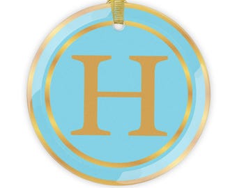 Glass Ornaments - Tiffany Blue Christmas Ornament, Gold Initial Letter Holiday Decoration, Circle Design