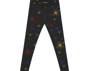 Legginsy w stylu retro z motywem gwiazd, spodnie do jogi dla kobiet, nadruk fajerwerków, prezent dla niej
