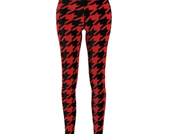 Red Houndstooth Leggings, Skinny Fit Polyester Spandex Blend
