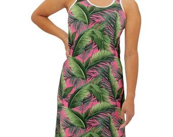 Summer Dress for Woman with Tropical Print Vacation Dress for Her Hawiian Theme Beach Dress for Girl Pink with Palm Leaves Vacation Dress