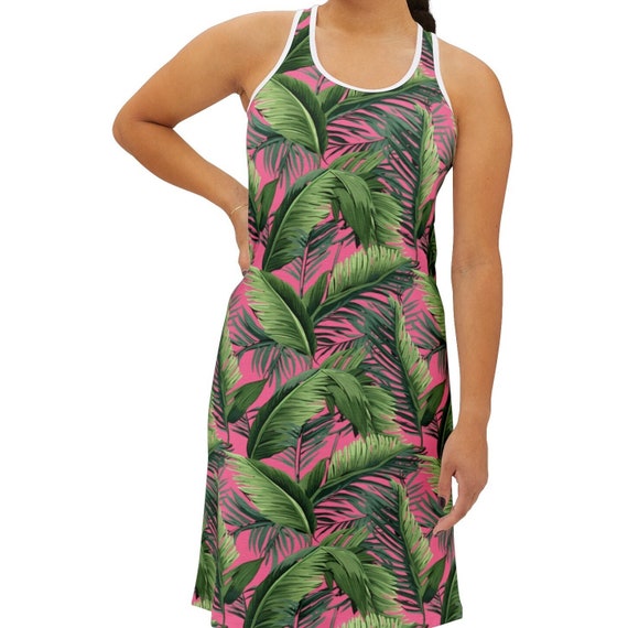 Summer Dress for Woman with Tropical Print Vacation Dress for Her Hawiian Theme Beach Dress for Girl Pink with Palm Leaves Vacation Dress Summer Dress for Woman with Tropical Print Vacation Dress for Her Hawiian Theme Beach Dress for Girl Pink with Palm Leaves Vacation Dress