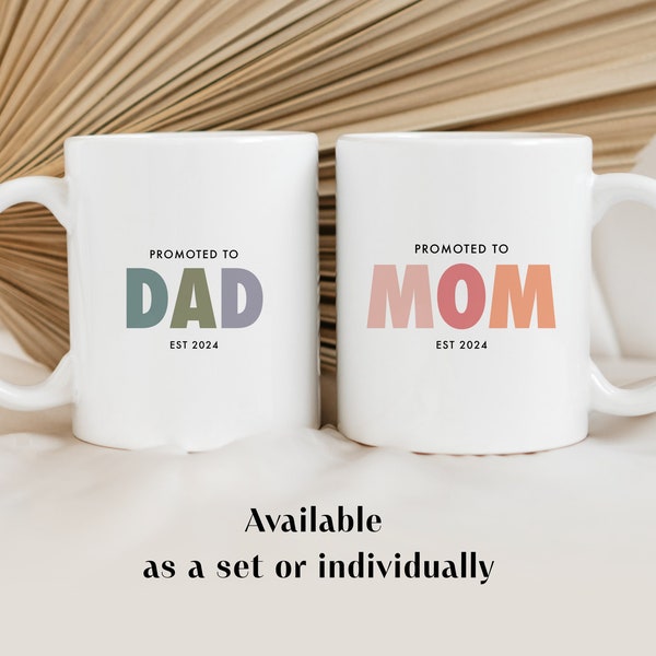 Taza de café de papá nueva mamá, regalo de taza del primer día de las madres, promovido a nuevo juego de tazas de mamá y papá, regalo de baby shower, taza de cesta de regalo para nuevos padres