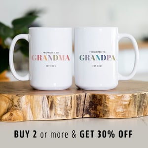 Pregnancy Announcement Grandparent Mug Set, Promoted from Parents to Grandparents, Personalized Gift for New Grandma Grandpa Mug Set