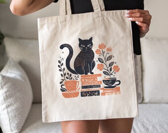 Totebag de gato negro de Halloween para los amantes de los libros, bolso de mano de lona, regalo para el bolso de mano amante de los gatos, amante del café, ratón de biblioteca, bolso de mano de la biblioteca, lectores