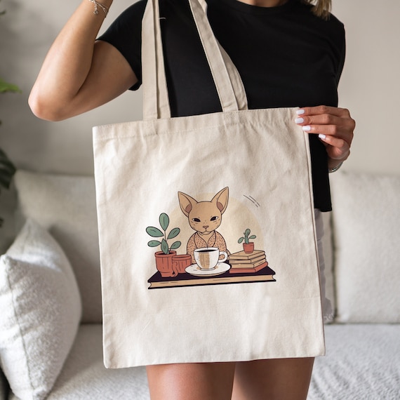 Cute Sphynx Cat Canvas Tote Bag Gift, Gift for Hairless  Cat Lover, Coffee Lover, Library Tote Bag, Readers Totebag, Book Lover Tote