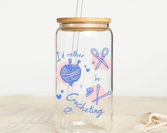 Funny Crochet Lover Iced Coffee Mug, Glass Tumbler Gift for Crocheter, Funny Mother's Day Crochet Gift, Crochet Yarn Lover