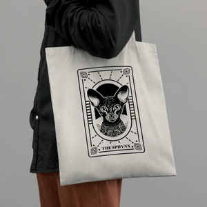 Sac fourre-tout carte de tarot chat Sphynx, cadeau papa et maman chat, cabas rat de bibliothèque, sac fourre-tout bibliothèque, sac réutilisable, cadeau pour amoureux des chats Sphynx, sac fourre-tout livresques