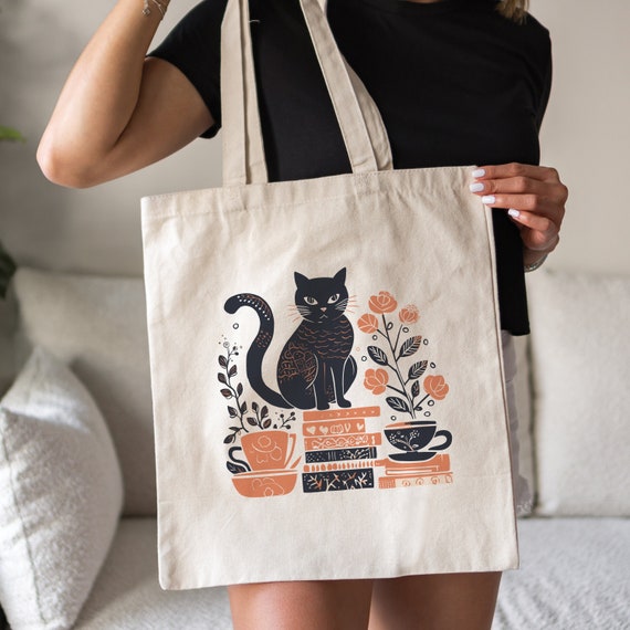 Halloween Black Cat Totebag for Book lovers, Canvas Tote Bag, Gift for Cat Lover Totebag, Coffee Lover, bookworm, Library Tote Bag, Readers