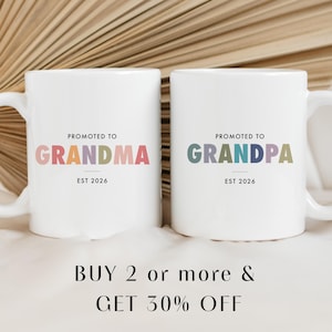 Pregnancy Announcement Grandparent Mug Set, Promoted from Parents to Grandparents, Personalized Gift for New Grandma Grandpa Mug Set