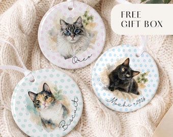 Custom Cat Memorial Ornament, Personalized Pet Memorial Ornament with Watercolor Photo, Cat Remembrance Gift, Pet Loss Sympathy Gift