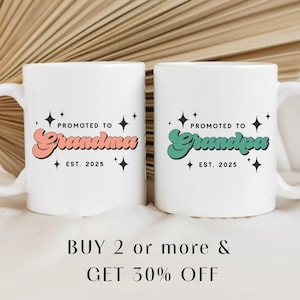 Pregnancy Announcement Grandparent Mug Set, Promoted from Parents to Grandparents, Personalized Gift for New Grandma Grandpa Mug Set