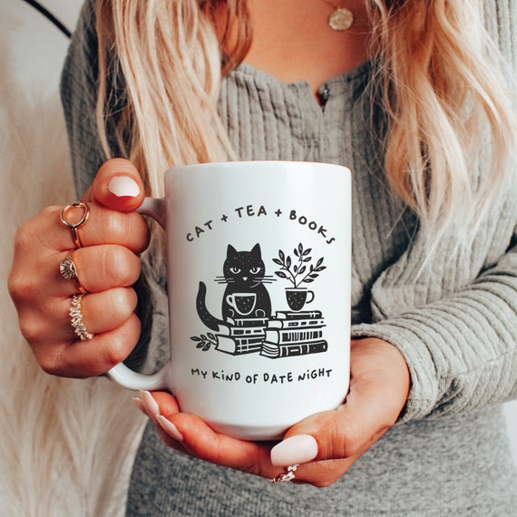 Tea Mug For Bookworm, Black Cat Mug for Cat Lover, Tea cups gift for Tea Lover, Coffee mug gift for Cat dad, Cat Mom Gift, Funny Cat Mug