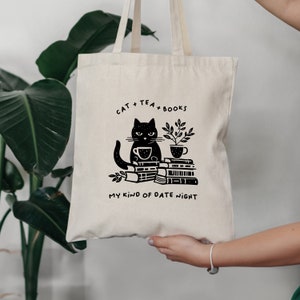 Svart katt-tygväska Bokälskare Canvas-tygväska, Present till kattälskare, teälskare, bokmal, biblioteks-tygväska, Återanvändbar väska, Läsväska