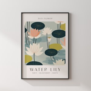 May include: A framed art print featuring a stylized illustration of water lilies. The artwork showcases white, pink, and yellow flowers with dark green lily pads against a light blue background. The text "WATER LILY" and "JULY FLOWER" are displayed.