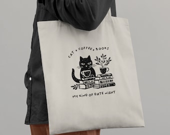 Bolsa de lona con diseño de gato, café y libros: Bolsa reutilizable de la biblioteca Bookworm