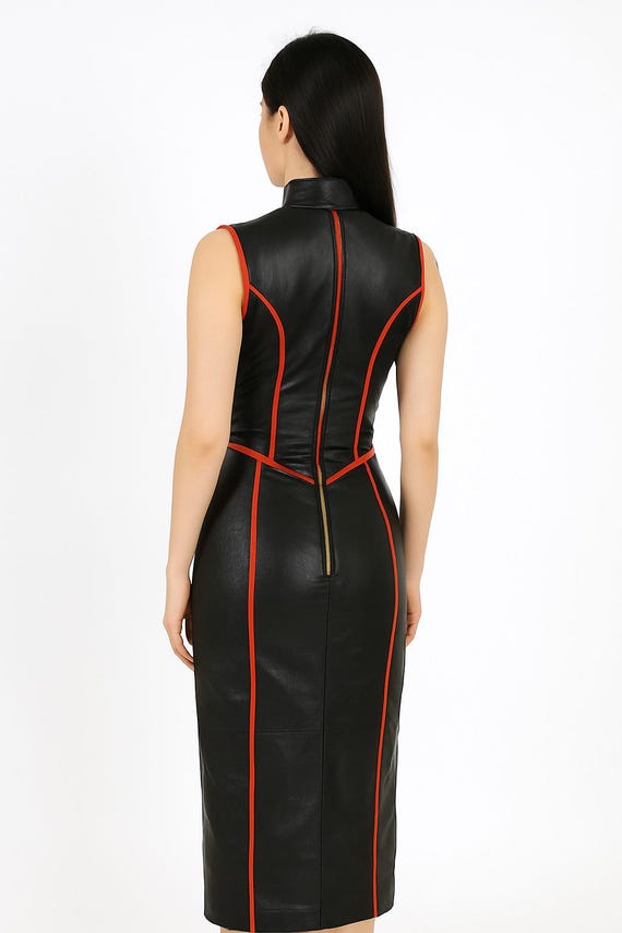Sheepskin Leather Corset Dress: High Neck, Red Trim, Zipper Skirt - Etsy  Canada