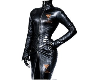 Handmade Black Leather Coat Dress: Gothic Steampunk Outfit