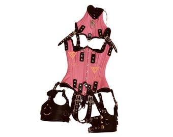 Pink Leather Corset Set Black Trim, Multi-Strap Gothic Outfit