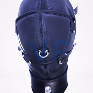 May include: Black leather hood with straps and metal rings. The hood has a padded lining and a collar.