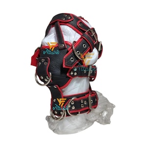 Premium Rindsleder Leder Haube mit Schnallen, verstellbaren Riemen & Metall D-Ringe Maske für Cosplay oder Fashion