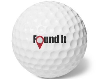 May include: White golf ball with a red and black logo that says "Found It" with a red pin icon.