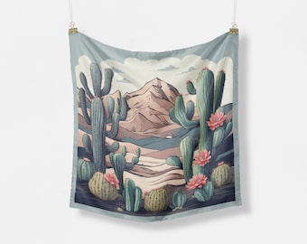 Luxury 100% Mulberry Silk Scarf, Custom Silk Scarf Gift, Desert Cactus Print, Women Scarf Accessory