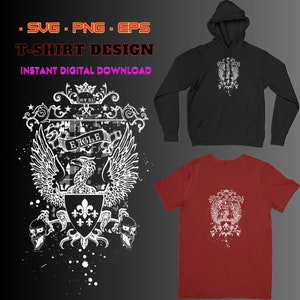 May include: A white graphic design featuring an eagle with wings spread, a shield with a fleur-de-lis, and two skulls. The design is on a black background with white splatters of paint. The text "EAGLE" is on a banner above the eagle.