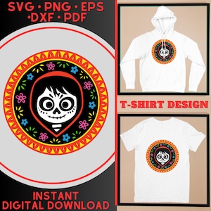 May include: A digital download design featuring a cartoon character with a sugar skull face wearing a red hooded cloak. The character is surrounded by a colorful floral pattern and a black and yellow border. The design is shown on a white t-shirt and a white hoodie. The text "T-SHIRT DESIGN" is visible below the hoodie. The text "INSTANT DIGITAL DOWNLOAD" is visible below the design.