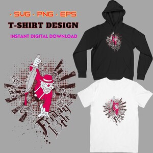 May include: A graphic design featuring a red and white clown holding a knife with the text "Friday the 13th" in a grunge style. This design is perfect for a t-shirt or hoodie.