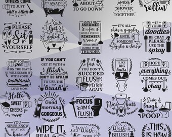 Pode incluir: Uma coleção de 24 ilustrações humorísticas em preto e branco sobre o tema do banheiro. As ilustrações incluem rolos de papel higiênico, vasos sanitários, desentupidores e outros itens relacionados ao banheiro. O texto inclui frases como "Por favor, sente-se", "Se você não consegue fazer com uma descarga", "Não tenha vergonha de peidar", "Economize água", "Eles me veem rolando", "Espero que tudo saia bem", "Viver rir cocô", "Lave as mãos, animal sujo", "É assim que eu rolo", e "Limpe bem".