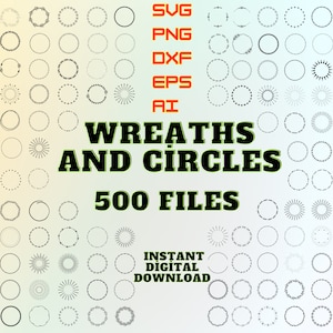 Puede incluir: Una descarga digital de 500 diseños de coronas y círculos en formatos SVG, PNG, DXF, EPS y AI. Los diseños son en blanco y negro y presentan una variedad de estilos, incluyendo círculos simples, coronas con hojas y diseños de rayos de sol.