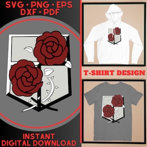 May include: A digital download design featuring a gray and white shield with two red roses. The design is shown on a white hoodie and a gray t-shirt. The text "T-SHIRT DESIGN" is at the top of the image. The text "INSTANT DIGITAL DOWNLOAD" is at the bottom of the image.