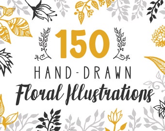 Może przedstawiać: Białe tło z złotą liczbą "150" i tekstem "HAND-DRAWN FLORAL ILLUSTRATIONS" w kolorze czarnym. Tło jest ozdobione czarnymi i złotymi ilustracjami kwiatowymi.