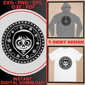 May include: Black and white digital design featuring a cartoon character with a skull face and flowers. The design is in a circle with a decorative border. The text "T-SHIRT DESIGN" is in red letters on a white background. The text "INSTANT DIGITAL DOWNLOAD" is in red letters on a black background.