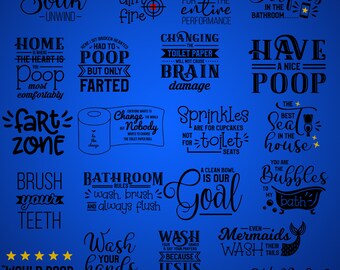 Pode incluir: Um fundo azul com texto branco e ilustrações. O texto inclui frases como "Relax Soak", "Have a Nice Poop", "Change Nobody", "Wash Your Hands", e "Get Naked". As ilustrações incluem um banheiro, um rolo de papel higiênico, uma banheira e uma sereia.