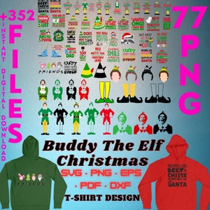 Puede incluir: Una descarga digital de 352 archivos Buddy the Elf Christmas SVG, PNG, EPS, PDF y DXF. La imagen muestra una sudadera verde y roja con el texto "Buddy the Elf Christmas" y "Friends" en la parte delantera. La imagen también muestra una variedad de diseños con temática de Buddy the Elf, incluyendo la cara de Buddy, las piernas de Buddy y las frases icónicas de Buddy.