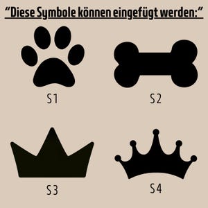 Übersicht der verfügbaren Symbole zur Personalisierung des Futternapfs mit Pfote, Knochen und Kronenmotiven