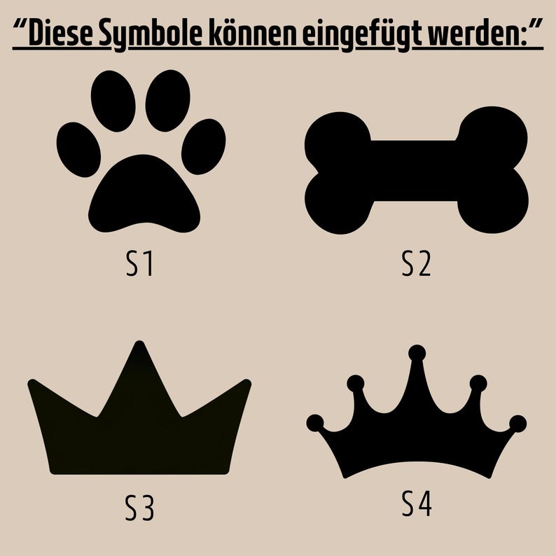 Übersicht der verfügbaren Symbole zur Personalisierung des Futternapfs mit Pfote, Knochen und Kronenmotiven