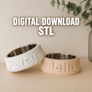 May include: Two pet bowls with metallic inserts and ribbed exterior walls. The white bowl features the name Percy in raised lettering, while the beige bowl displays the name Bella. The text DIGITAL DOWNLOAD STL is visible above the bowls.