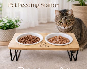 Personalized elevated cat bowl – inclined wooden feeding bowl – ergonomic cat feeding station – gift for cats