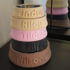 May include: A stack of five personalized pet bowls in various colors: tan, pink, black, and brown. Each bowl has a stainless steel interior and a ribbed exterior with a pet's name embossed on the side. The names are Findus, Riley, Tilda, Flip, and Wilson.