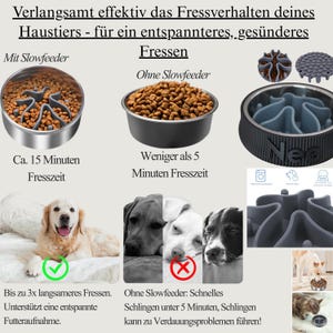 Slowfeeder Einsatz für Hunde und Katzen mit bis zu dreimal langsameren Fressen und einer Fresszeit von circa 15 Minuten zur Unterstützung einer entspannten Futteraufnahme. Ohne Slowfeder erfolgt schnelles Schlingen in weniger als 5 Minuten, was Verdauungsprobleme verursachen kann.