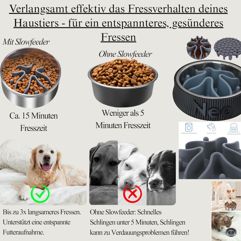 Slowfeeder Einsatz für Hunde und Katzen mit bis zu dreimal langsameren Fressen und einer Fresszeit von circa 15 Minuten zur Unterstützung einer entspannten Futteraufnahme. Ohne Slowfeder erfolgt schnelles Schlingen in weniger als 5 Minuten, was Verdauungsprobleme verursachen kann.