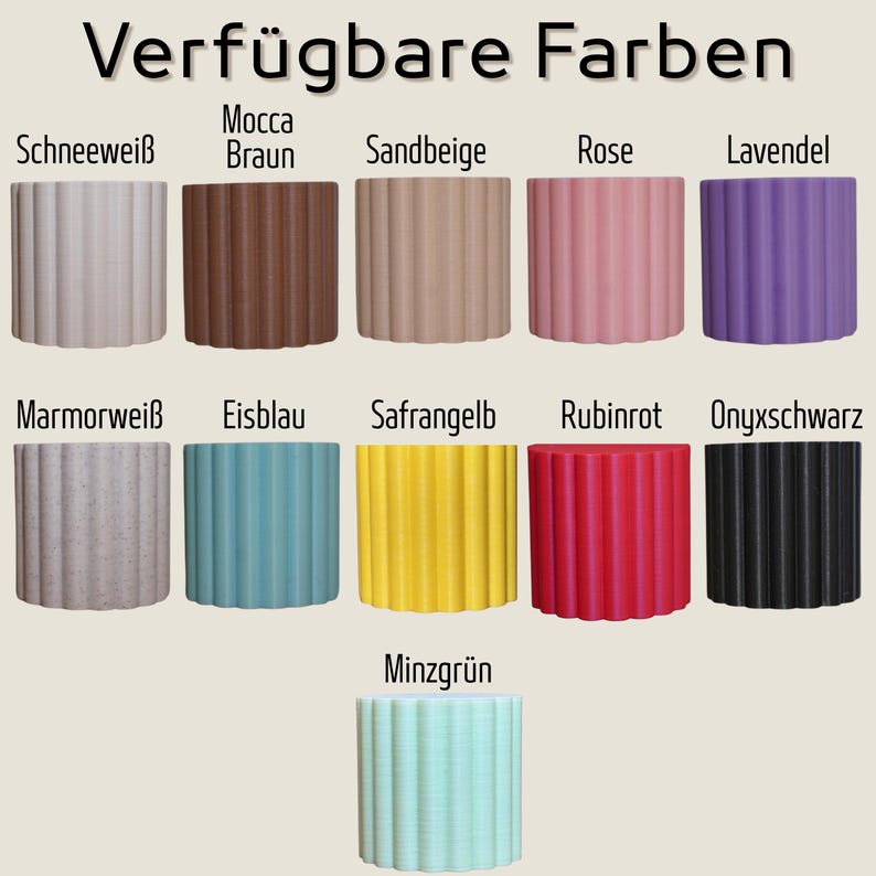 May include: A display of eleven cylindrical planters in various colors, including white, brown, beige, pink, purple, gray, blue, yellow, red, black, and mint green. The planters have a ribbed texture and are arranged in rows. Text at the top reads "Verf&uuml;gbare Farben."
