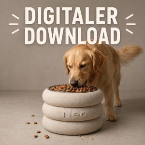 Puede incluir: Un golden retriever come de un cuenco para mascotas beige, circular y de tres niveles, con el nombre Neo en relieve en el lateral. El texto DIGITALER DOWNLOAD aparece en letras blancas grandes sobre el perro, indicando un archivo digital.