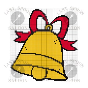 May include: A pixel art design of a gold bell with a red bow. The bell is decorated with a small circle at the top.