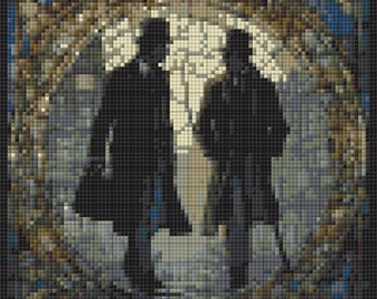 Sherlock Holmes en Dr. Watson in Londen Gebrandschilderd glasstijl scène digitaal kruissteekpatroon voor direct downloaden